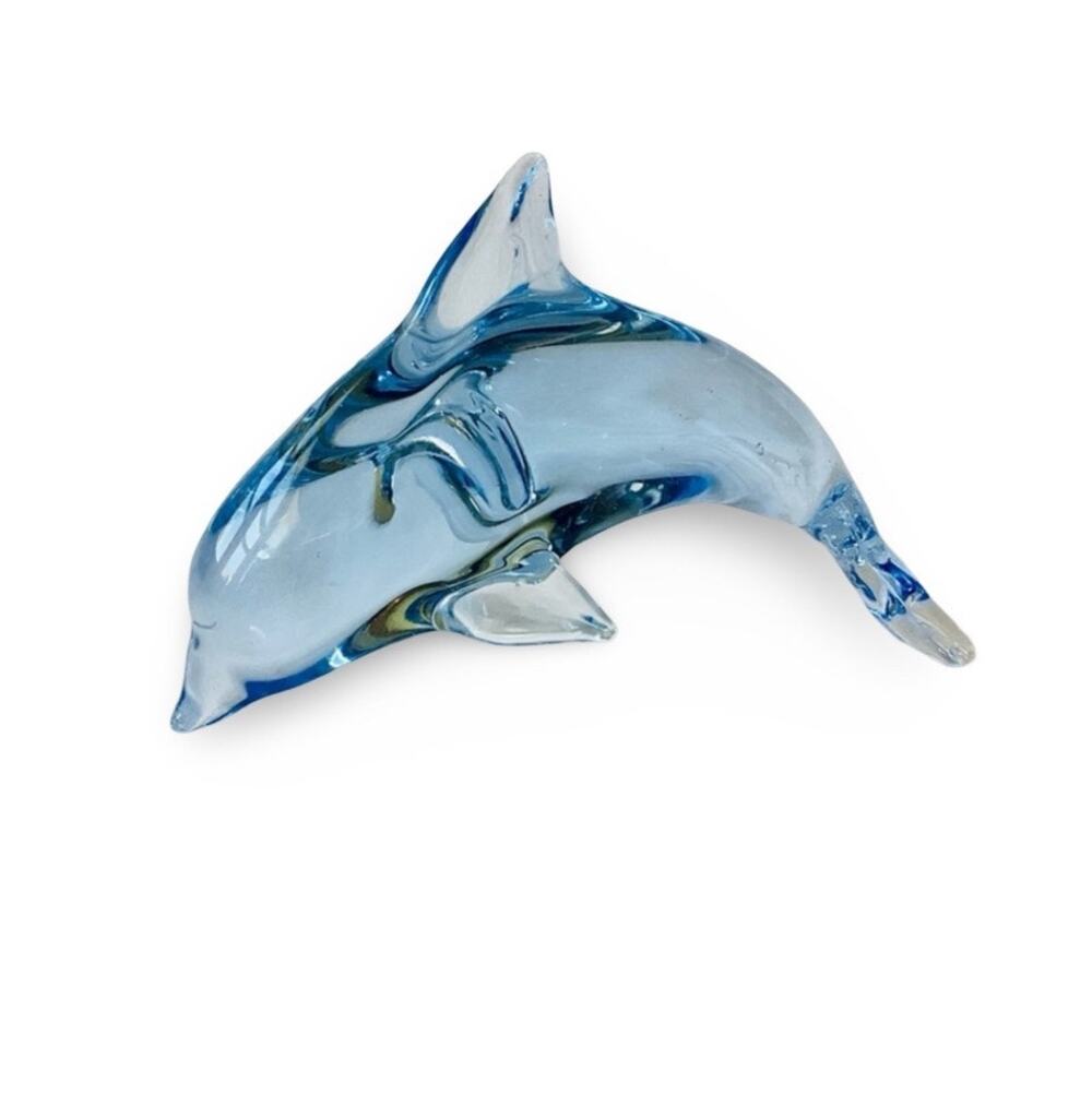 Blown Glass Pale Blue Dolphin Figurine Paperweight